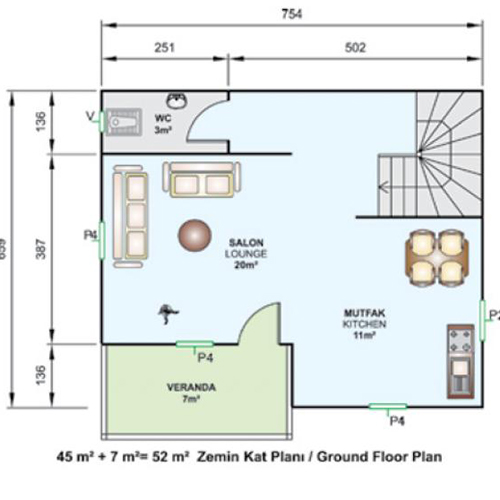 100m² Çift Katlı Prefabrik Plan