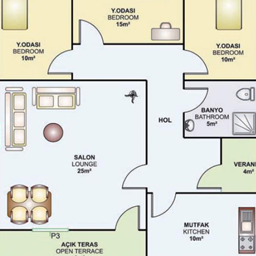 90m² Tek Katlı Prefabrik Plan